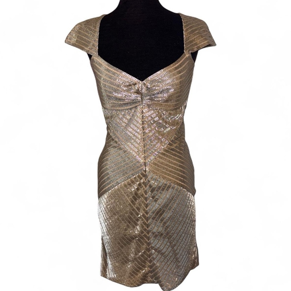 ZAC POSEN gold metallic woven mini bodycon dress cutout back cap sleeves SZ 2
